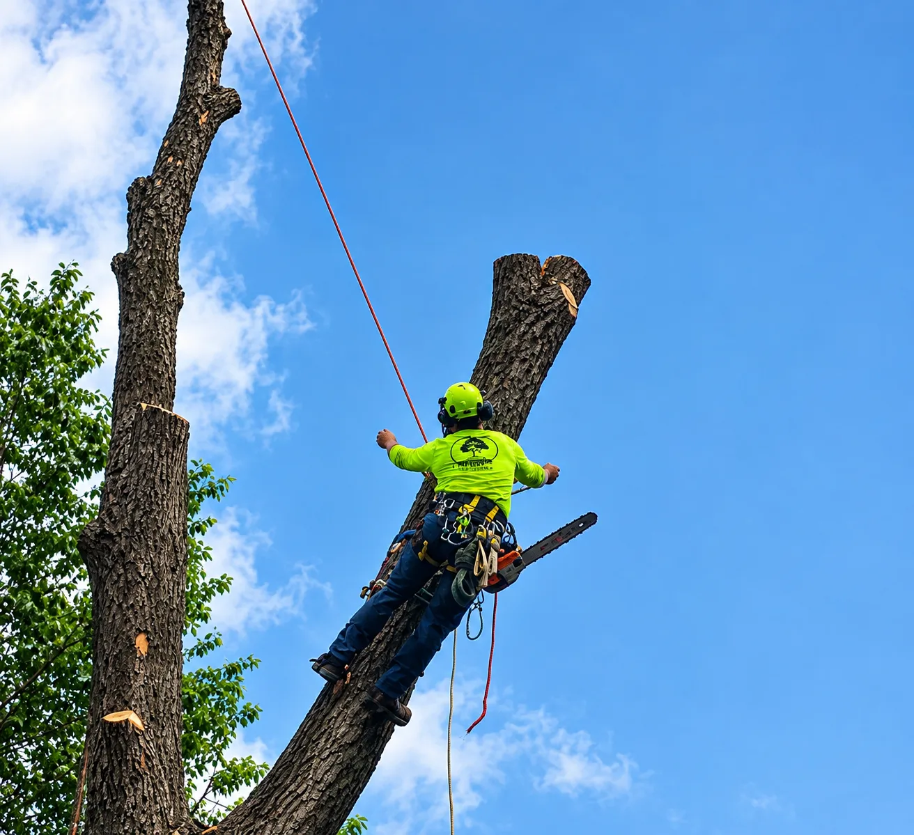 Arborist Suspended Among Tree Trunks